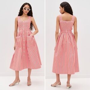 Hunter Bell Cosi Striped Midi Dress Red Poppy White Button Front Size 2 NWT